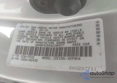 2004 Toyota Corolla S z USA, uszkodzony, nr VIN 1NXBR32E84Z196577